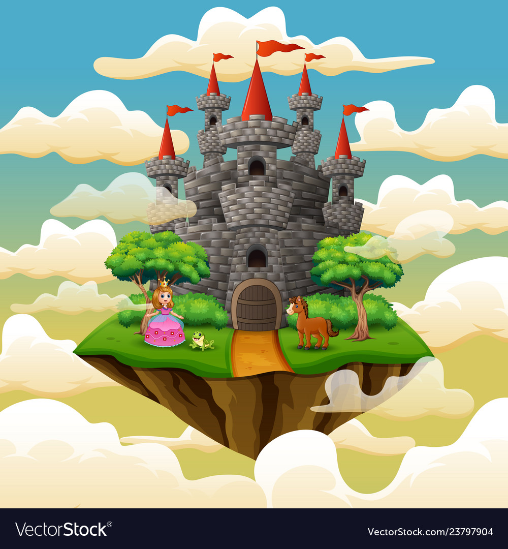 Cartoon princess in front a castle on the cloud