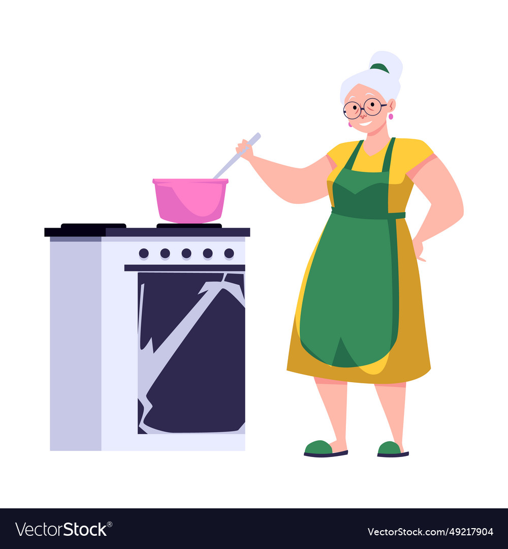 Elderly woman cooking jam in pan on the stove