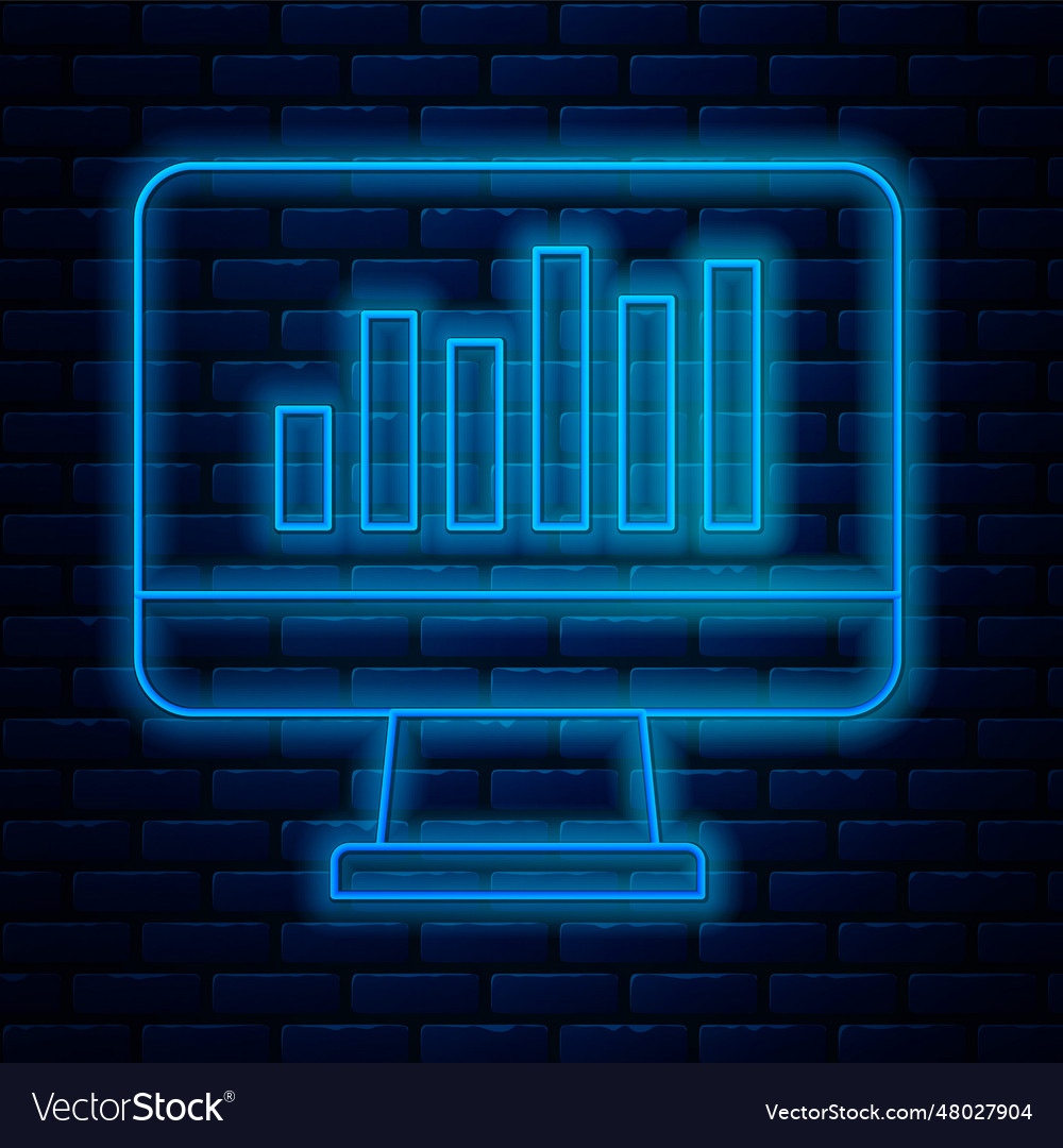 Glowing neon line computer monitor with graph vector image Glowing neon line computer monitor with graph