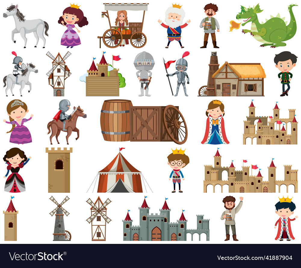Medieval characters buildings set