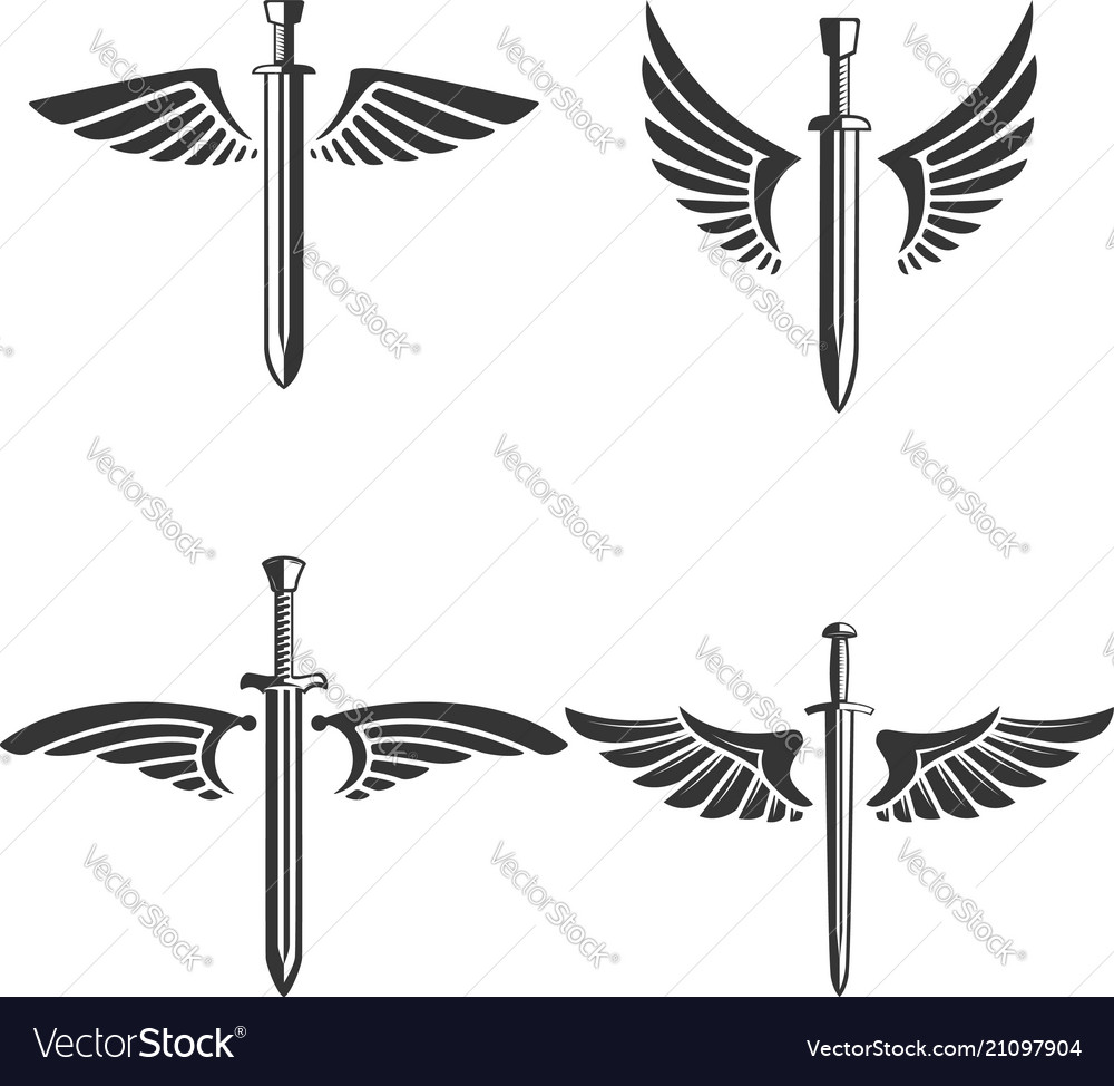 Set of emblems with medieval sword and wings Vector Image