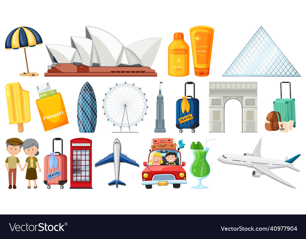 Set of summer vacation objects and elements vector image Set of summer vacation objects and elements