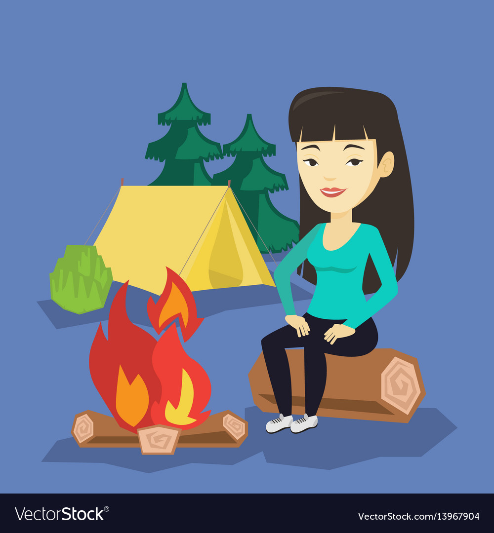 Woman sitting on log near campfire in the camping Vector Image