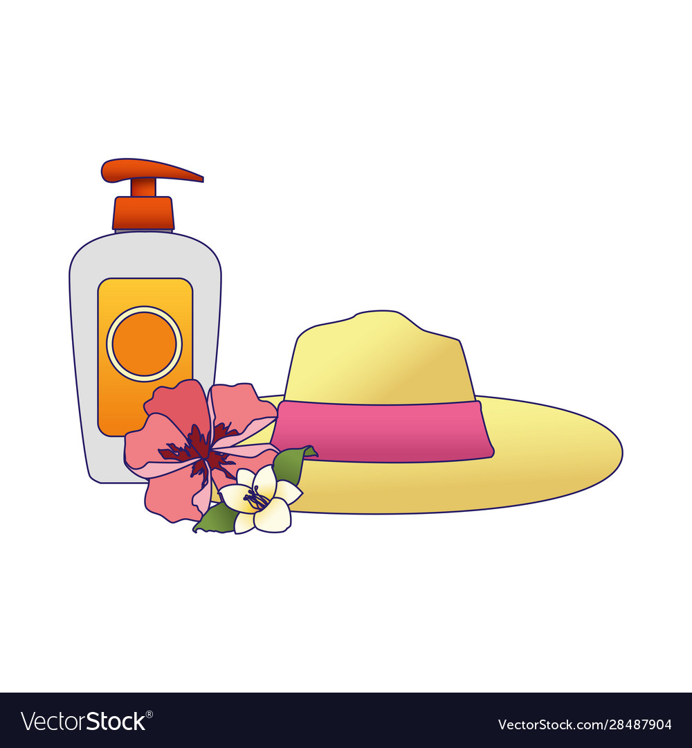 Women beach hat with sun bronzer bottle icon