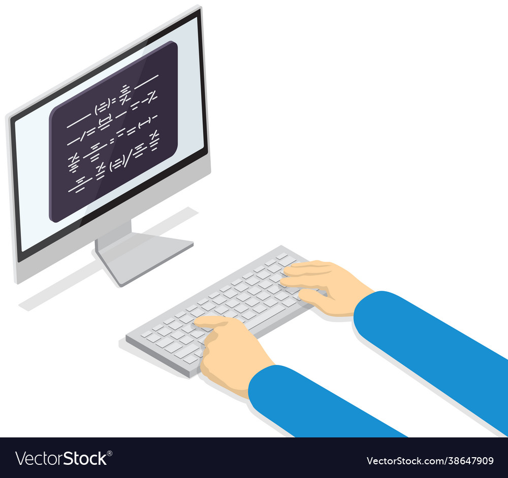 Man types on keyboard and displays text monitor vector image Man types on keyboard and displays text monitor