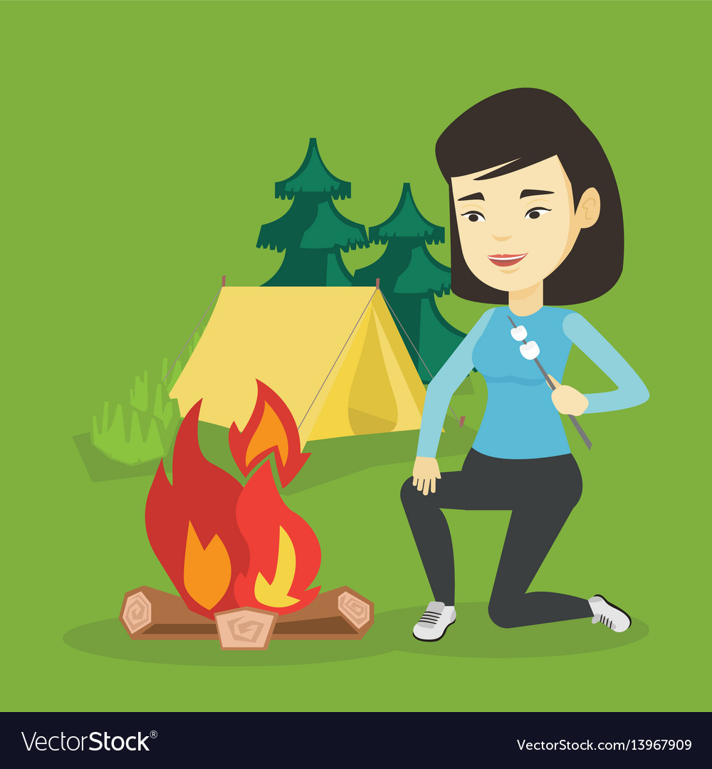 Woman roasting marshmallow over campfire Vector Image