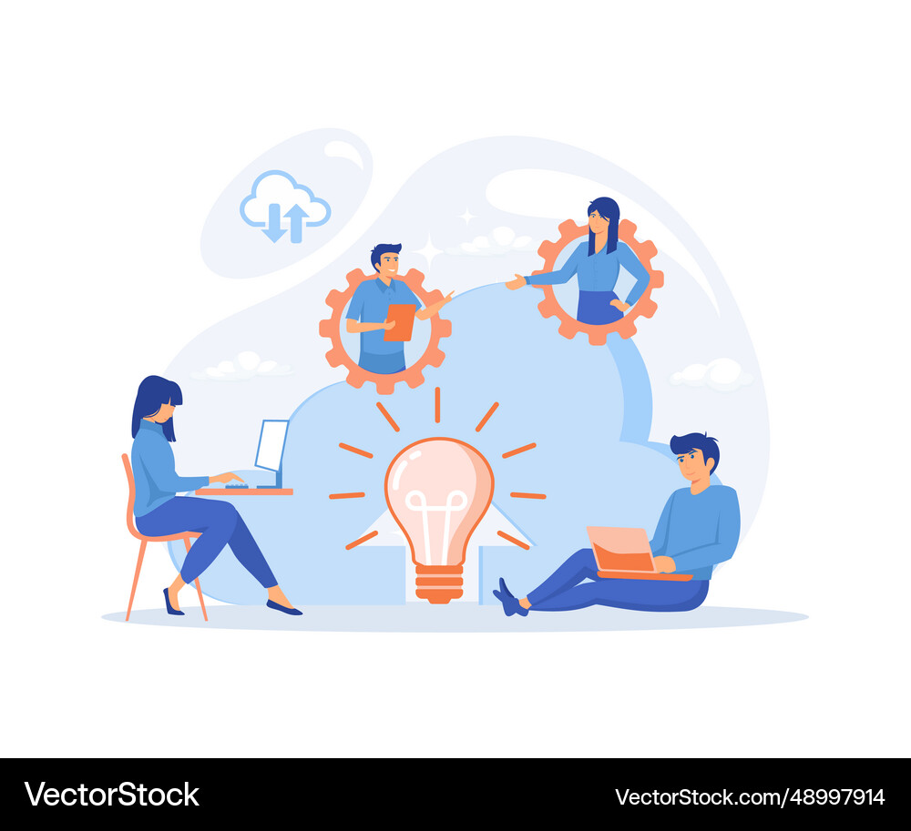 Co working team of users connected by cloud Vector Image