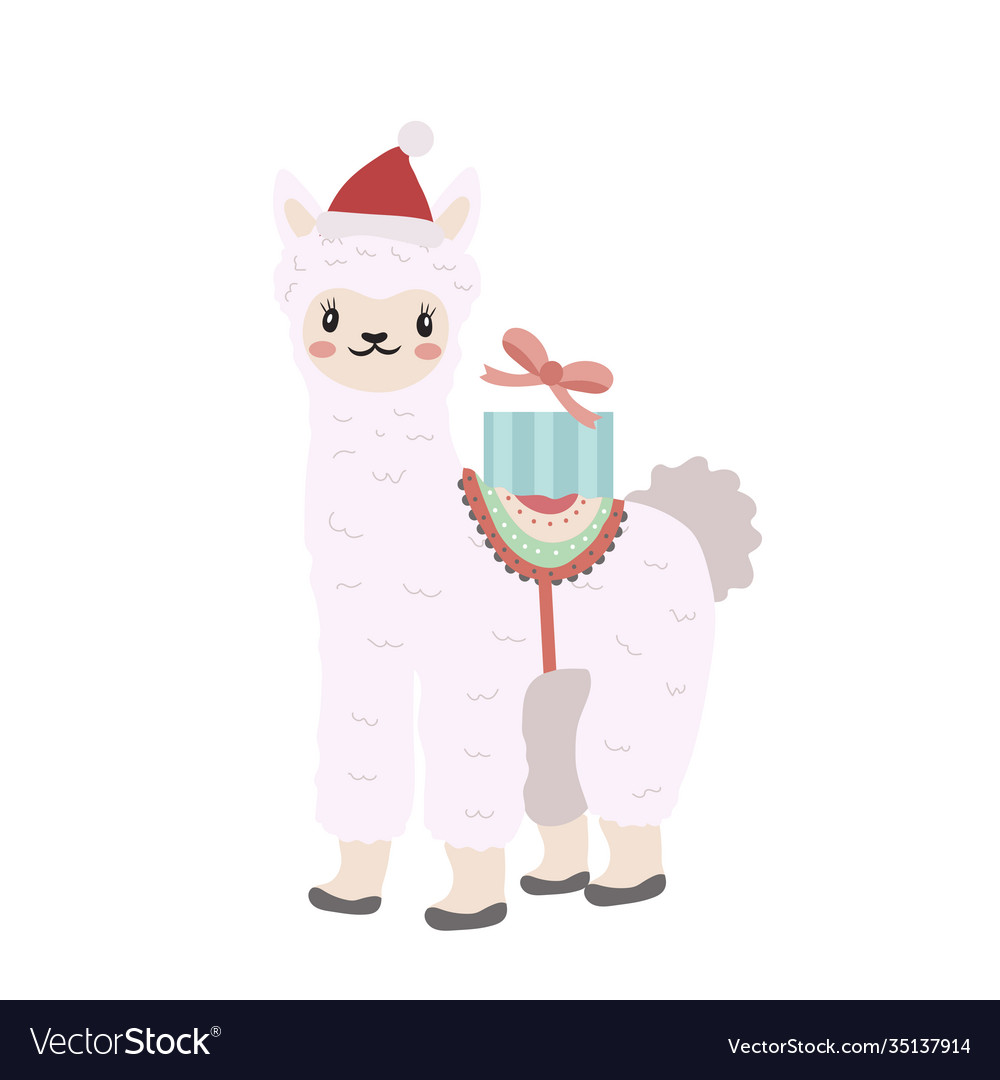 Cute llama christmas icon flat cartoon style