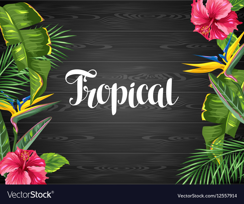 Invitation card with tropical leaves and flowers