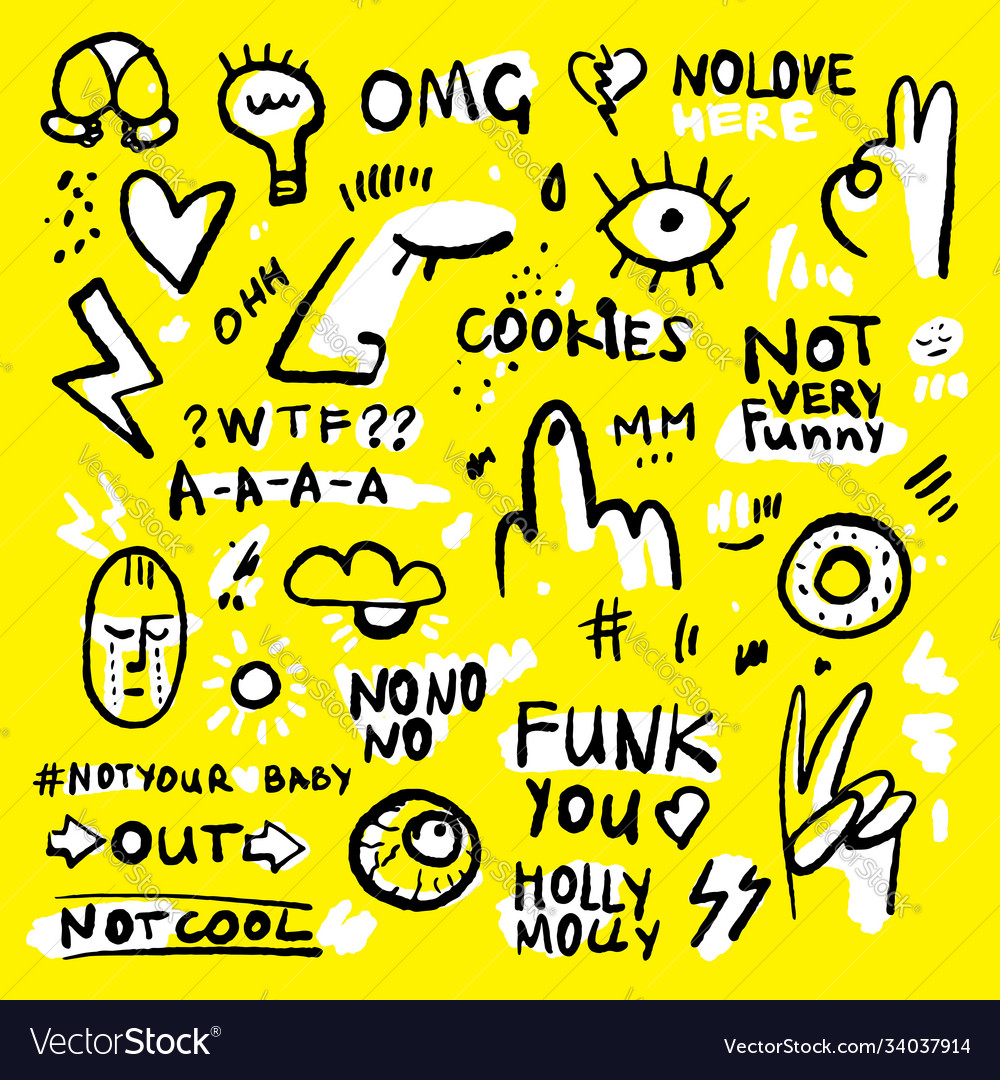 Positive and funny doodle sticker set in black