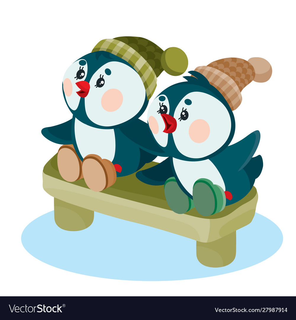 Two penguins are sitting on a bench at christmas