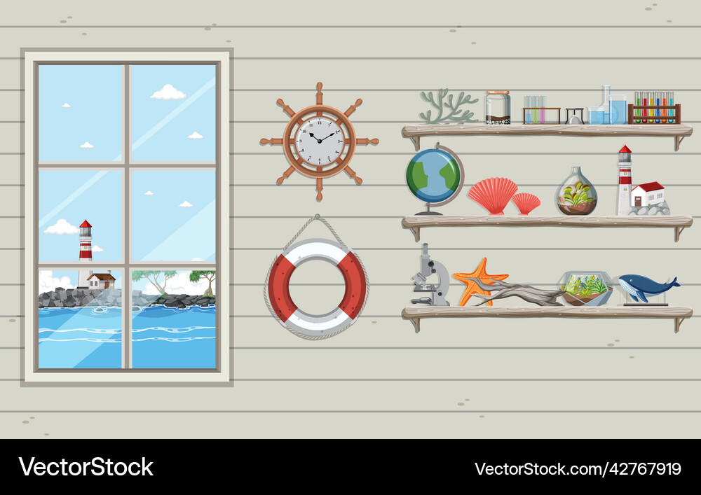 Miscellaneous objects on wall shelves Royalty Free Vector