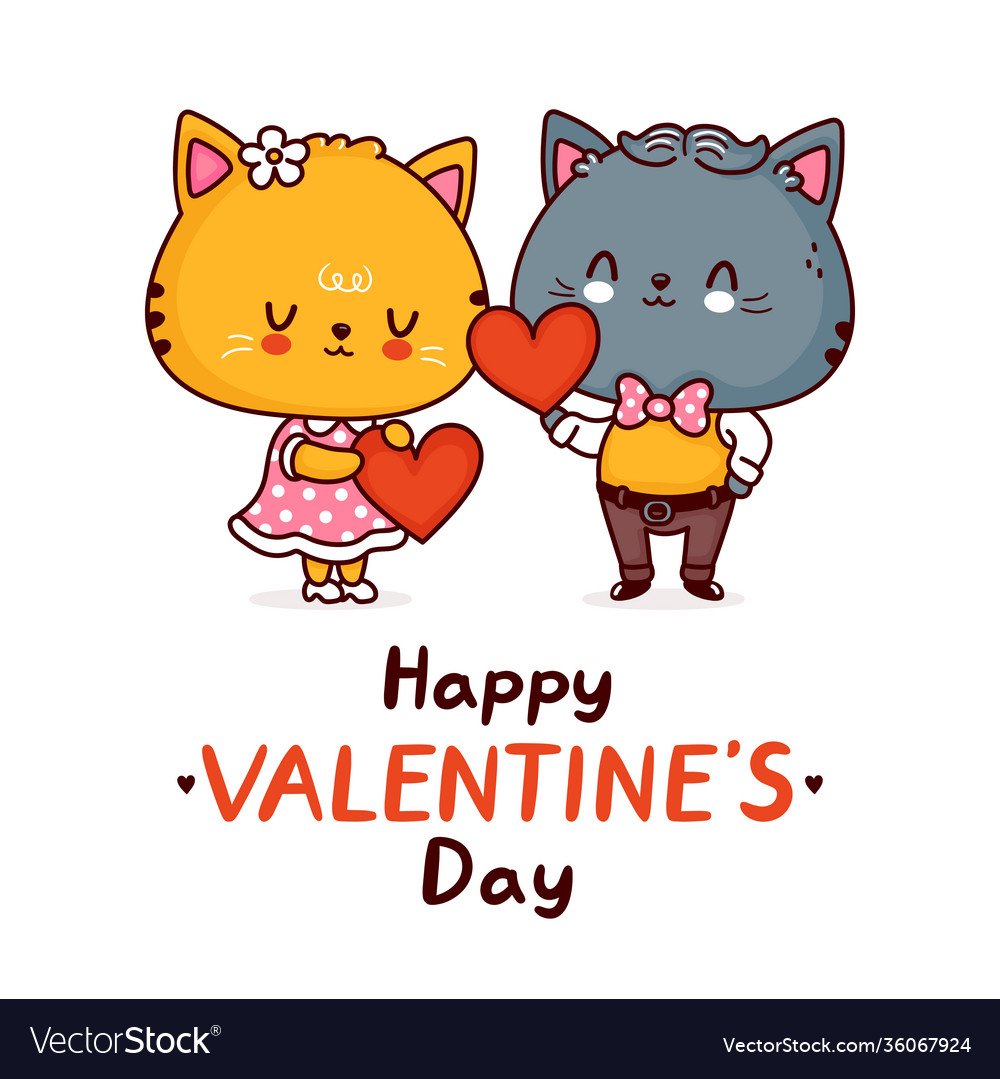 Cute funny cats couple with hearts happy Vector Image