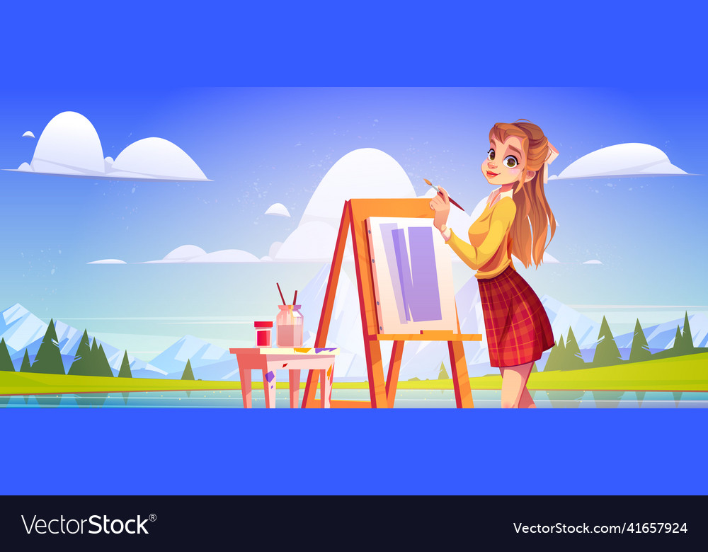 Girl painter with easel on lake shore plein air Vector Image