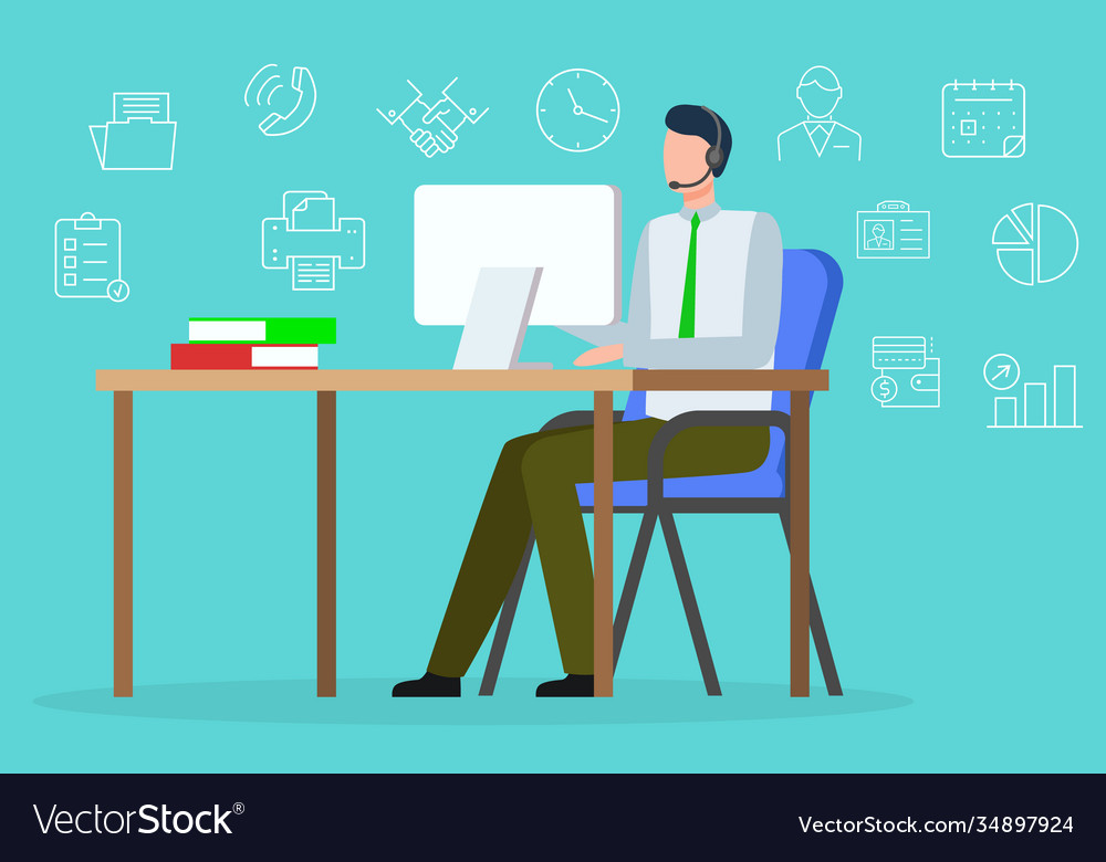 Man in headset work on computer at table vector image Man in headset work on computer at table