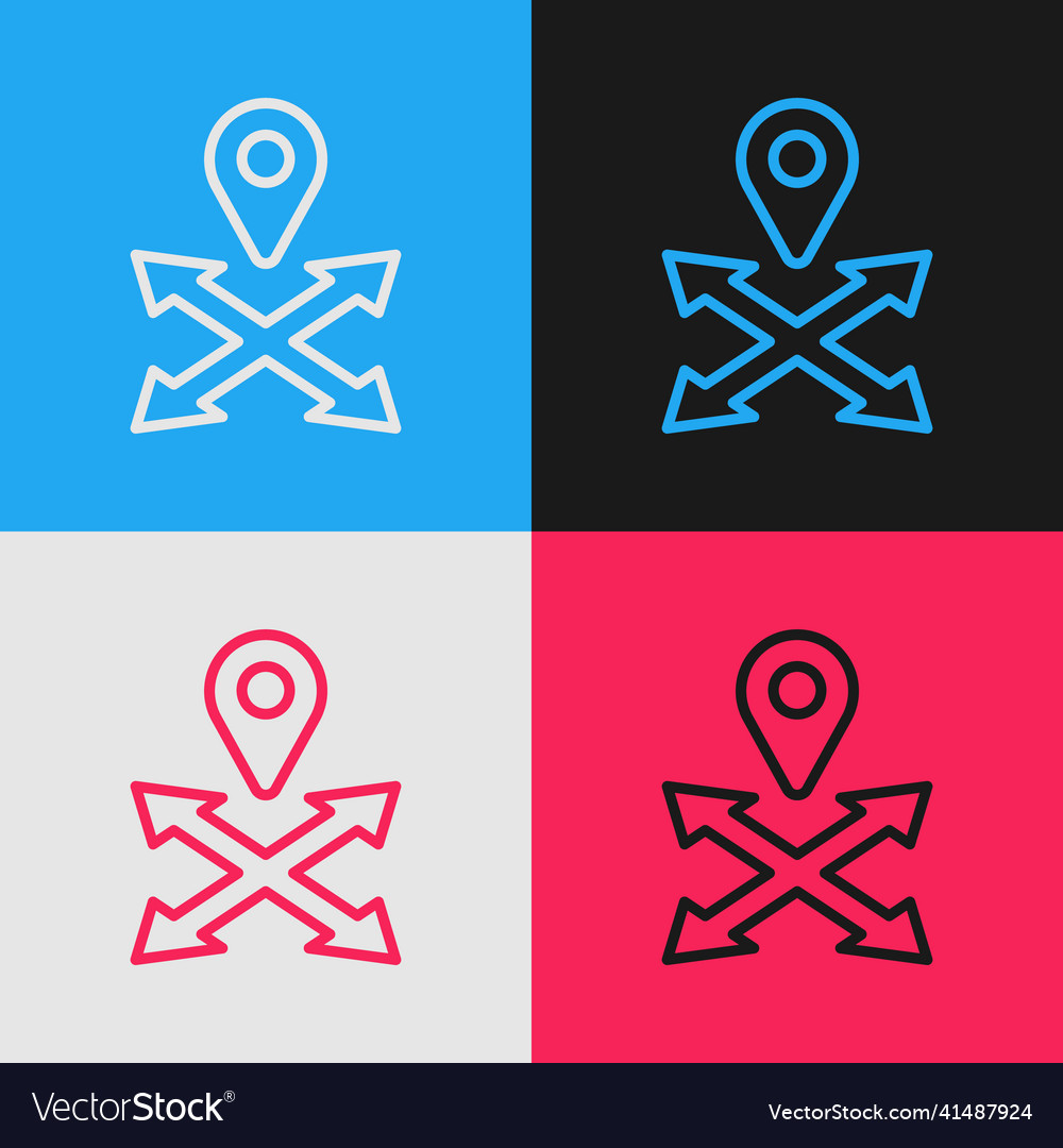 Pop art line map pin icon isolated on color