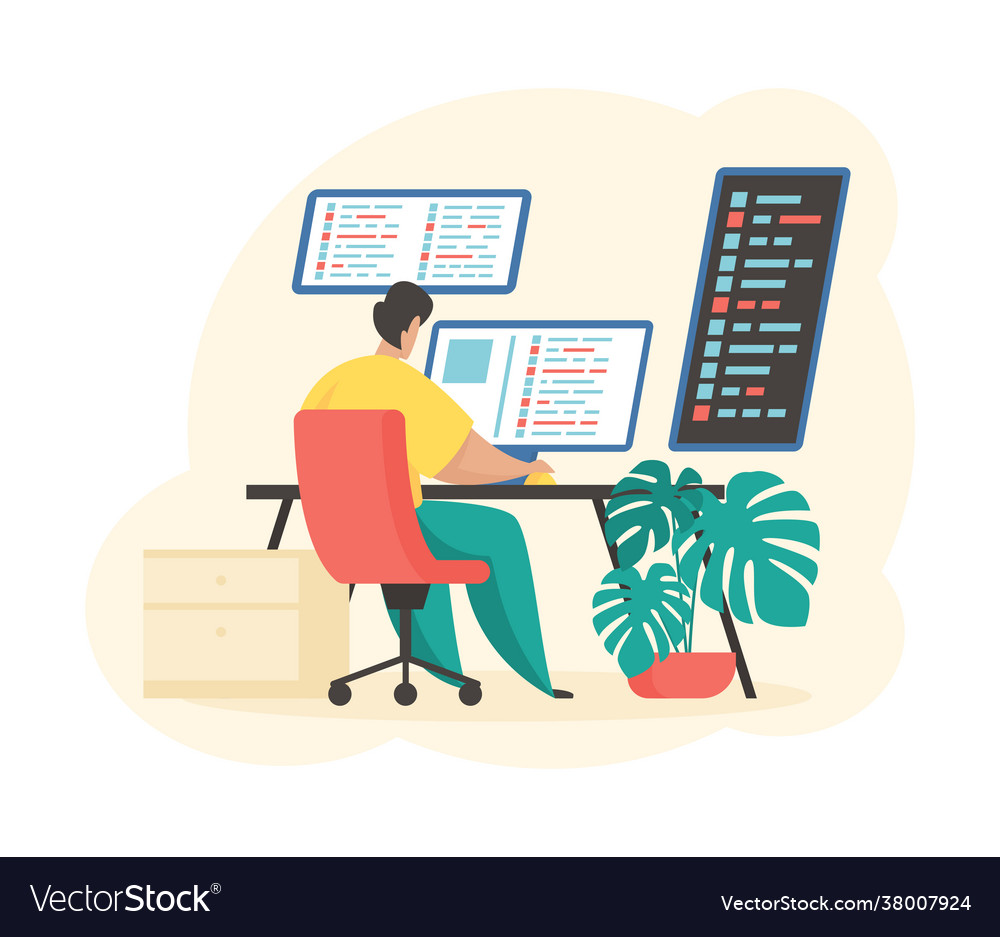 Programmer at work male character writes software vector image Programmer at work male character writes software