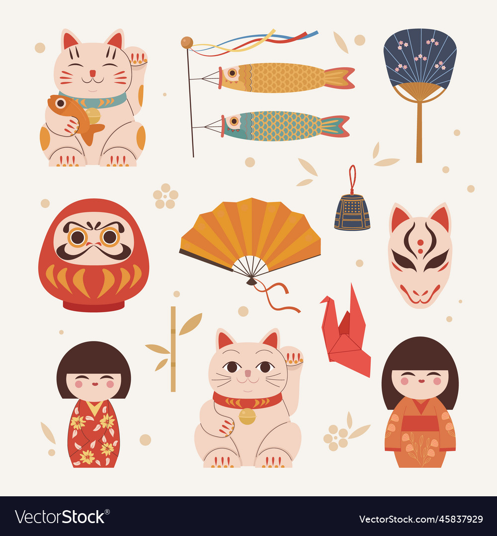 Asian dolls china fortune symbols cats masks