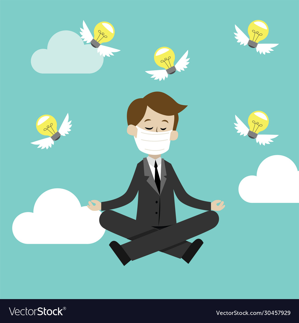 Businessman in medical mask doing yoga lotus