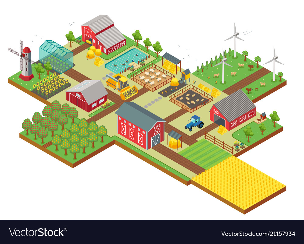 3d isometric rural farm with mill garden Vector Image