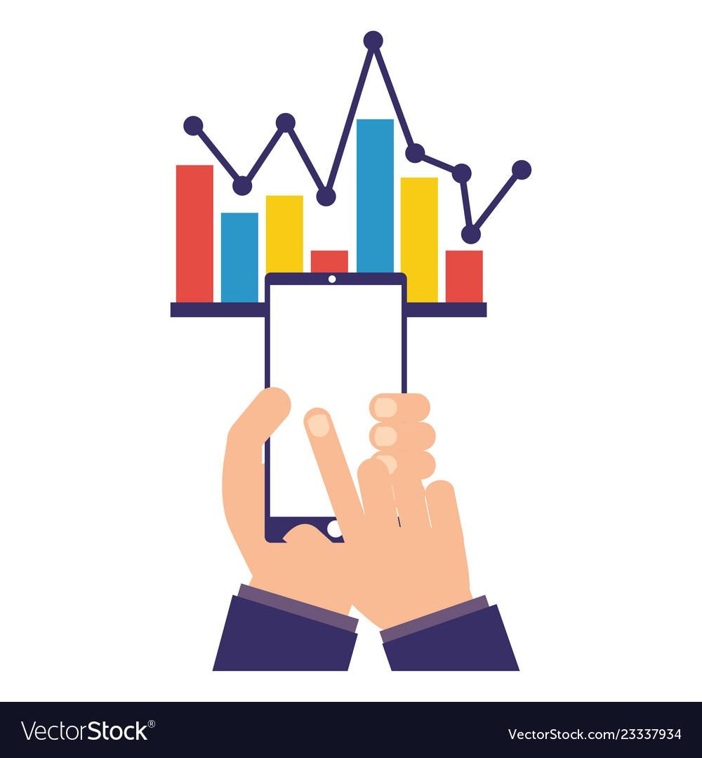 Hands with mobile statistics chart report