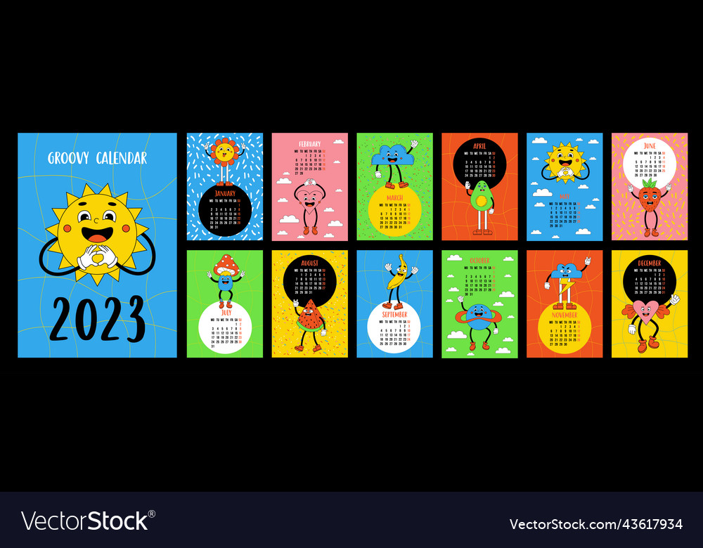 Retro calendar template 2023 with groovy style Vector Image Retro calendar template 2023 with groovy style