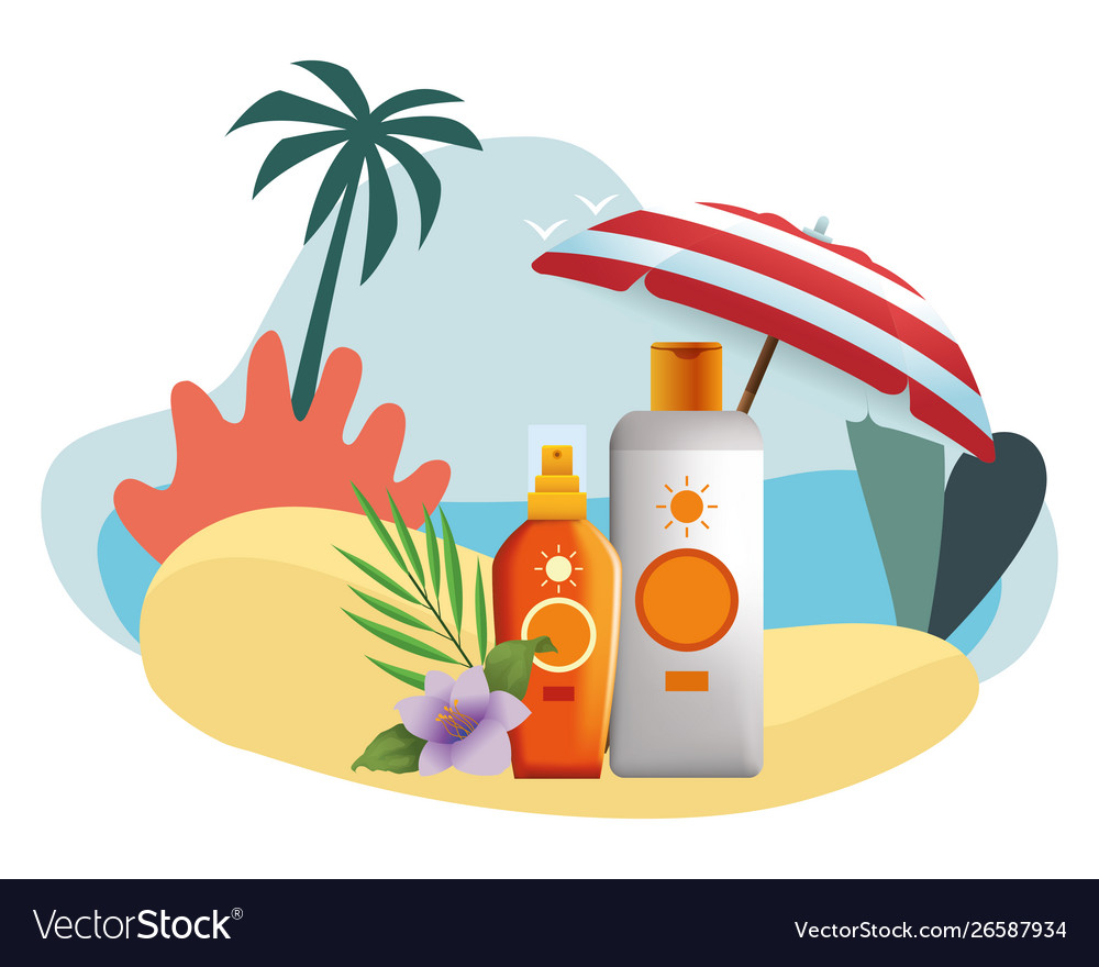 Sun bronzer bottles with flower under beach Vector Image