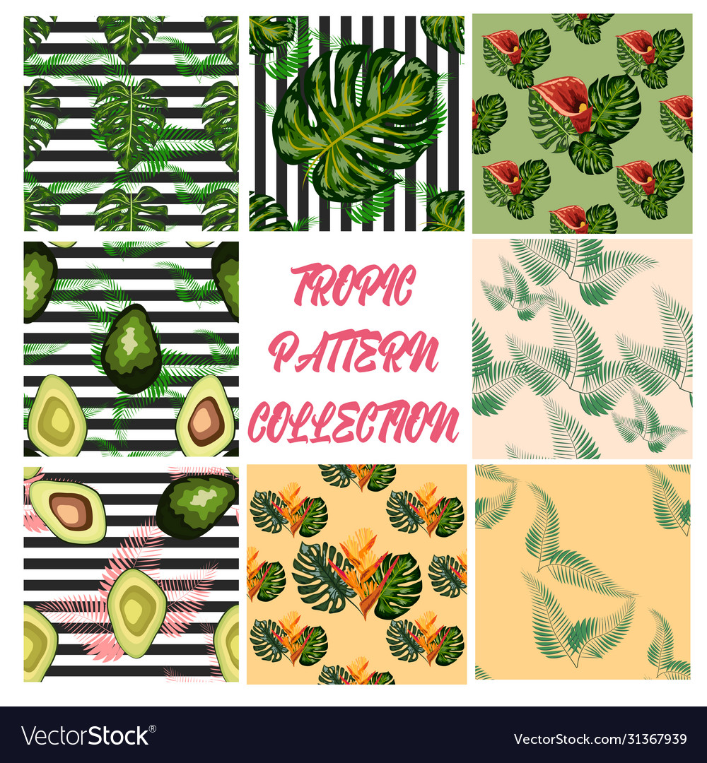 Seamless pattern tropical flowers green leaves