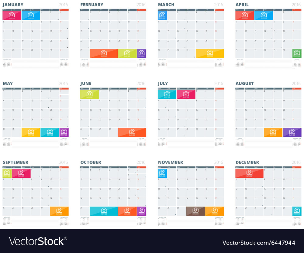 calendar 2016 design template set of 12 months vector image