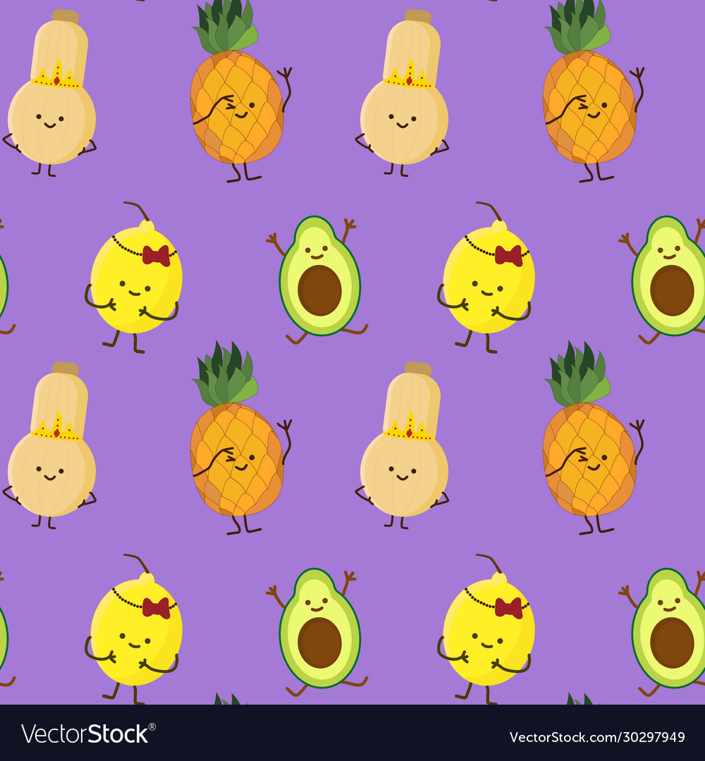 Kawaii fruits pattern set with face expression