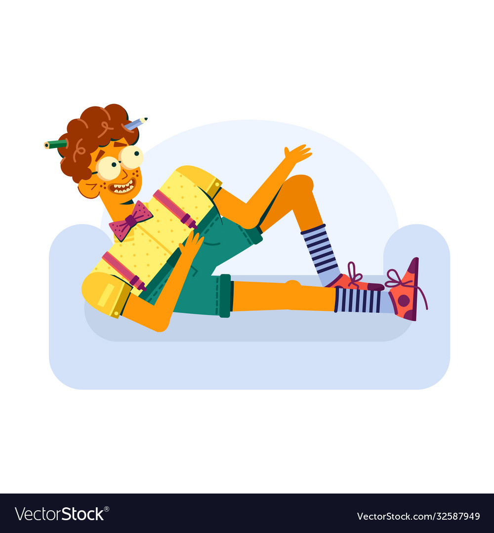 Laughing guy in shorts lies on couch