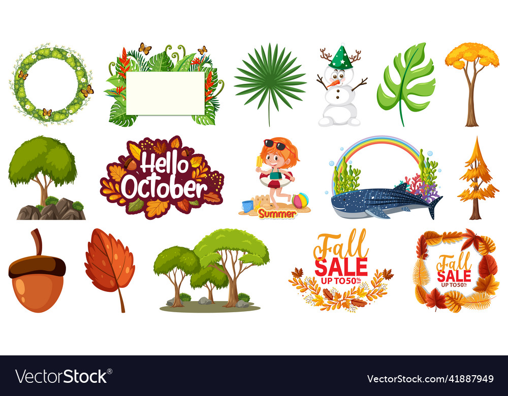 Set of four seasons trees and nature objects vector image Set of four seasons trees and nature objects
