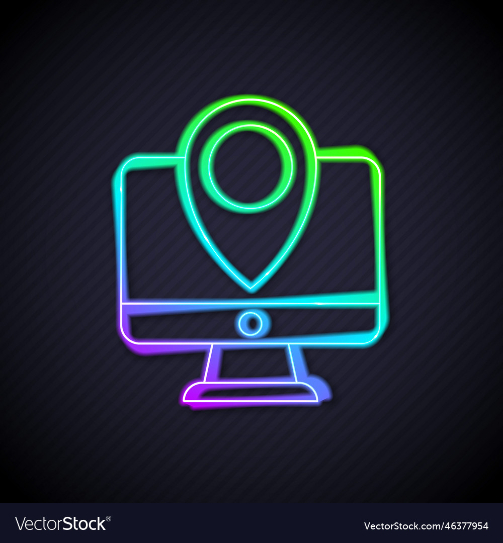 Glowing neon line computer monitor and folded map vector image Glowing neon line computer monitor and folded map