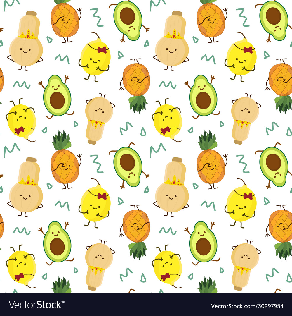 Kawaii fruits pattern set with face expression