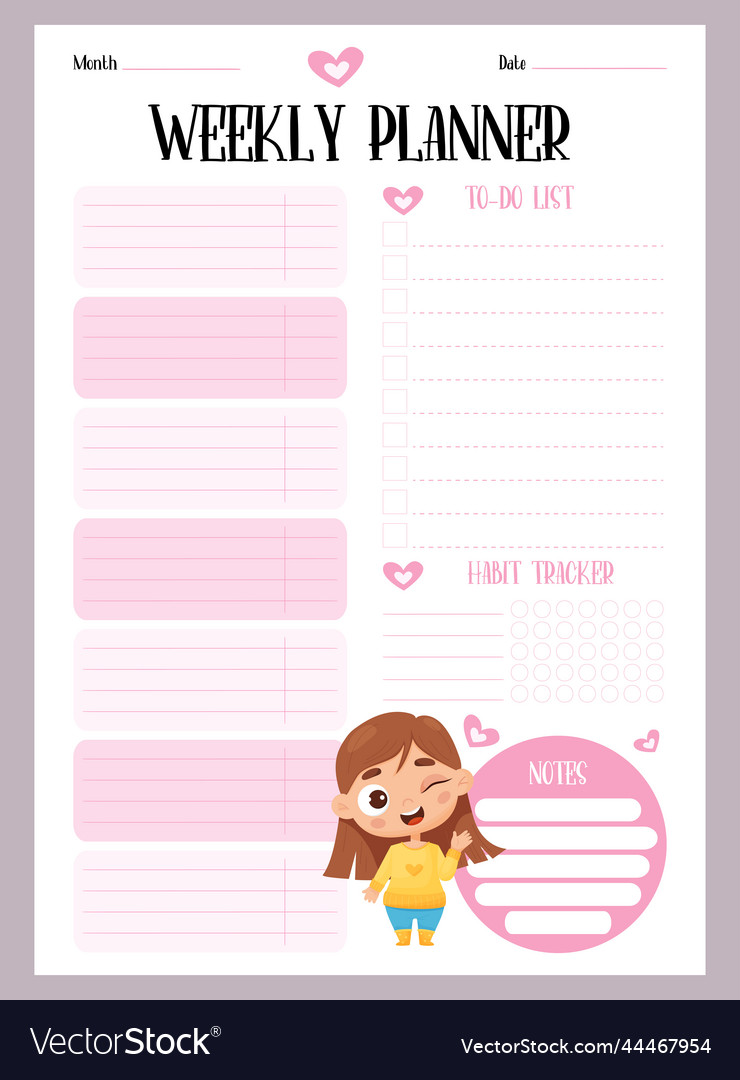 Weekly girly planner to do list notes and habit Vector Image Weekly girly planner to do list notes and habit
