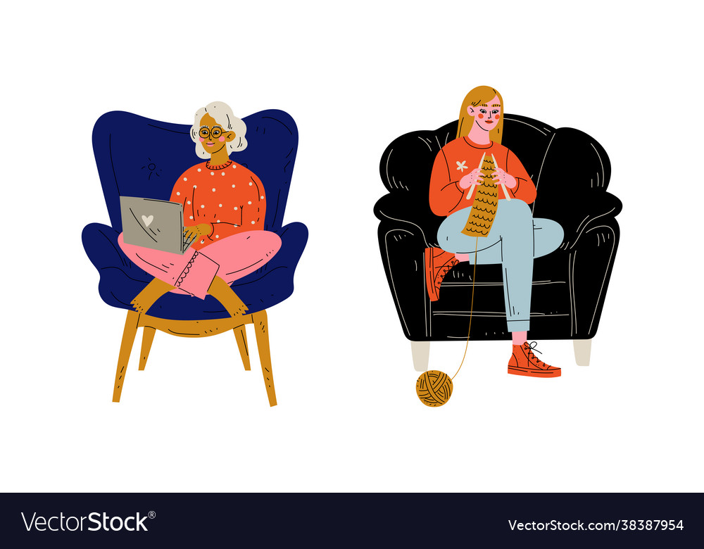 Woman character sitting at home in comfortable vector image Woman character sitting at home in comfortable