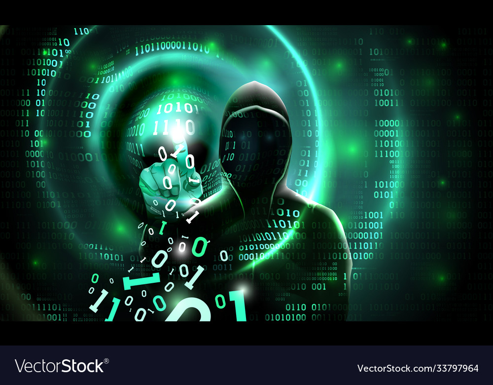 Computer hacker with a hood touches touch Vector Image Computer hacker with a hood touches touch