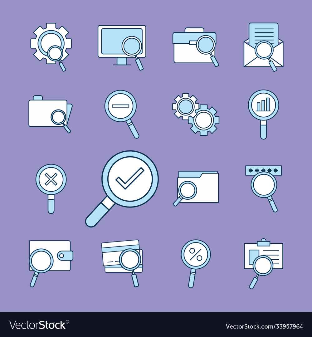 Lupe and search line fill style set icons Vector Image Lupe and search line fill style set icons