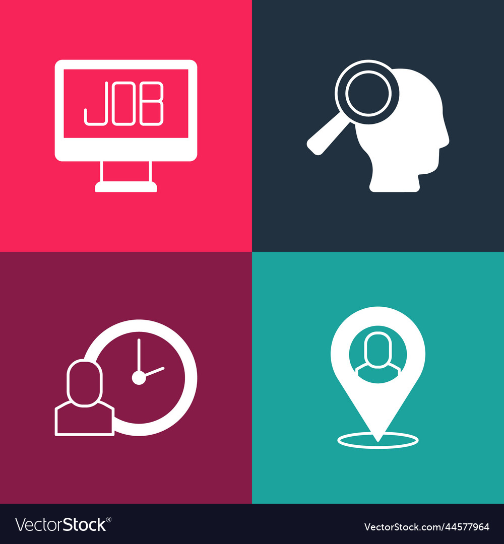 Set pop art worker location time magnifying vector image Set pop art worker location time magnifying