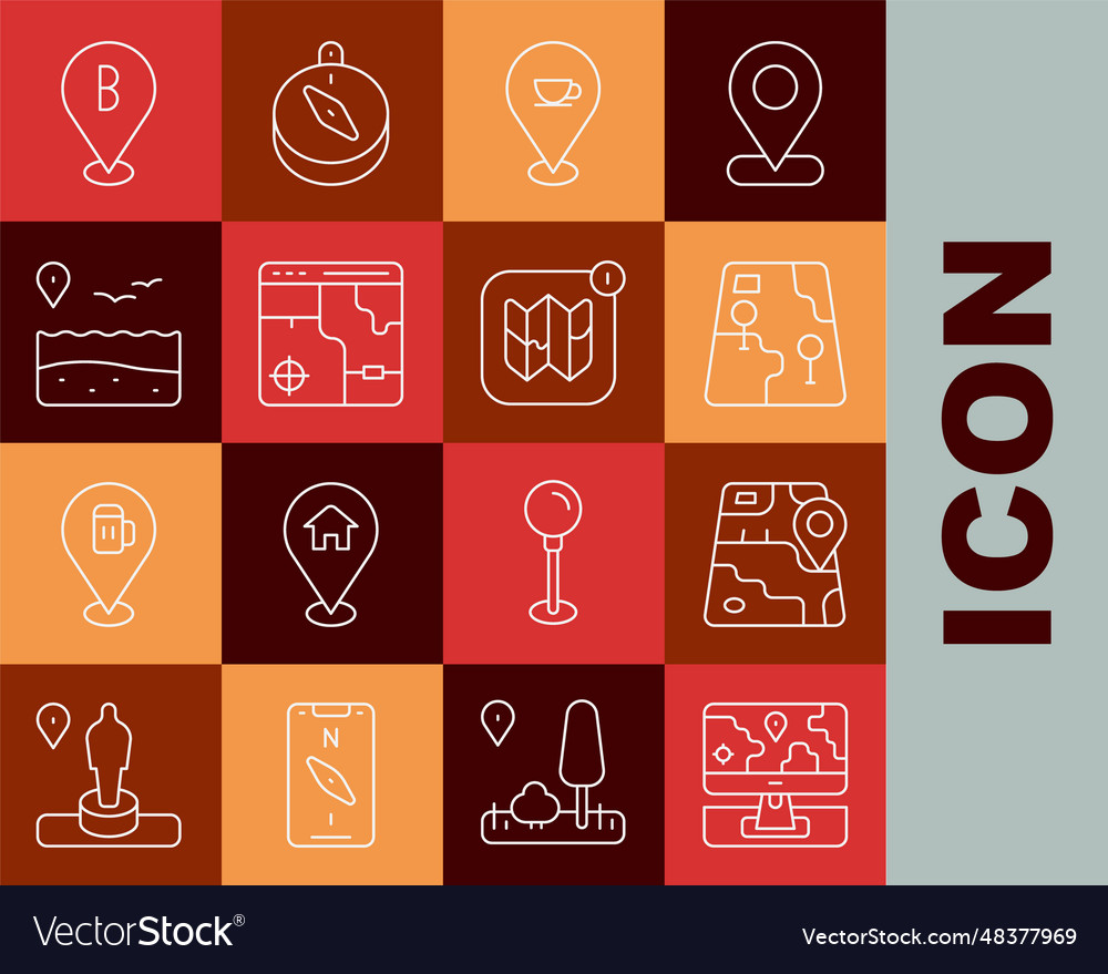 Set line monitor with location marker city map vector image Set line monitor with location marker city map