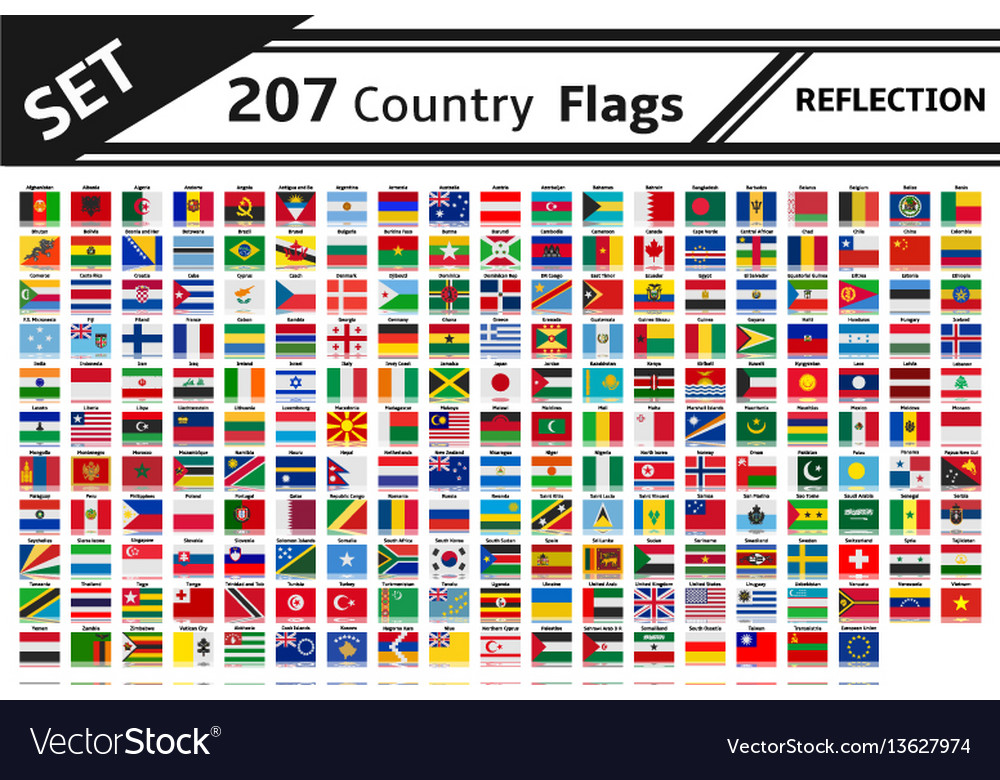 Set 207 country flags reflection Royalty Free Vector Image