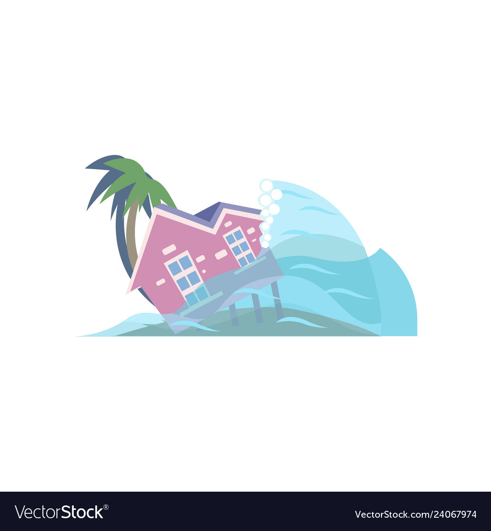 Tsunami on the tropical coast demolishing house