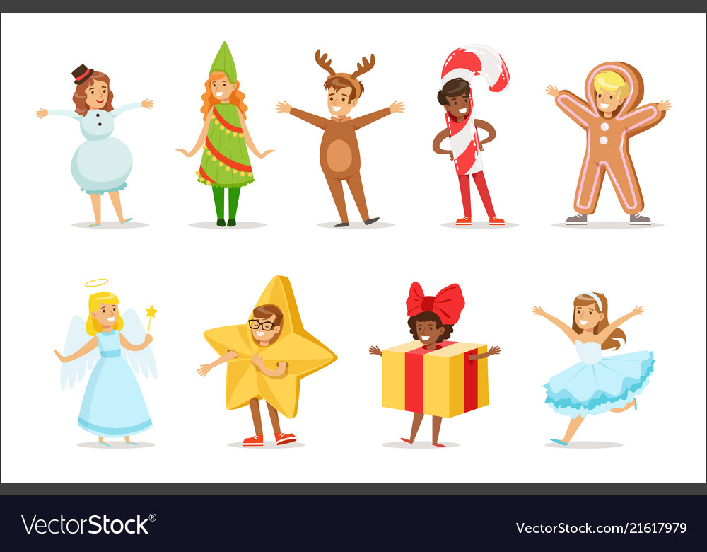 Children Dressed As Winter Holidays Symbols For Vector Image
