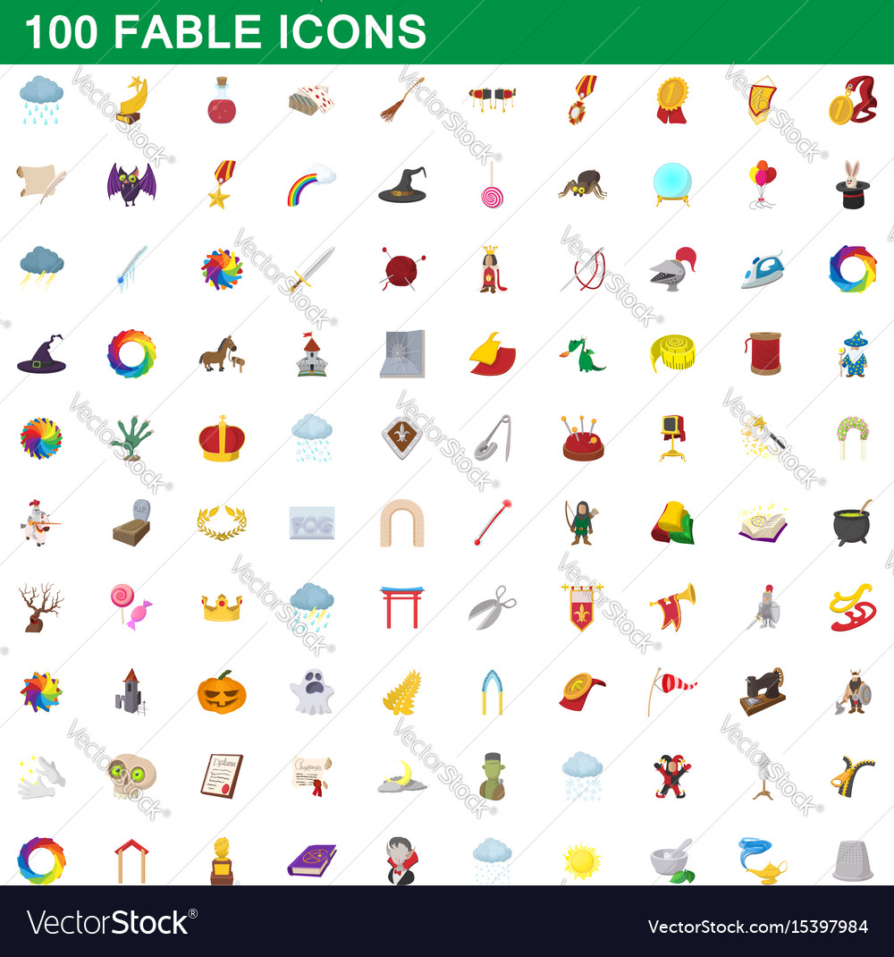 100 fable icons set cartoon style Royalty Free Vector Image