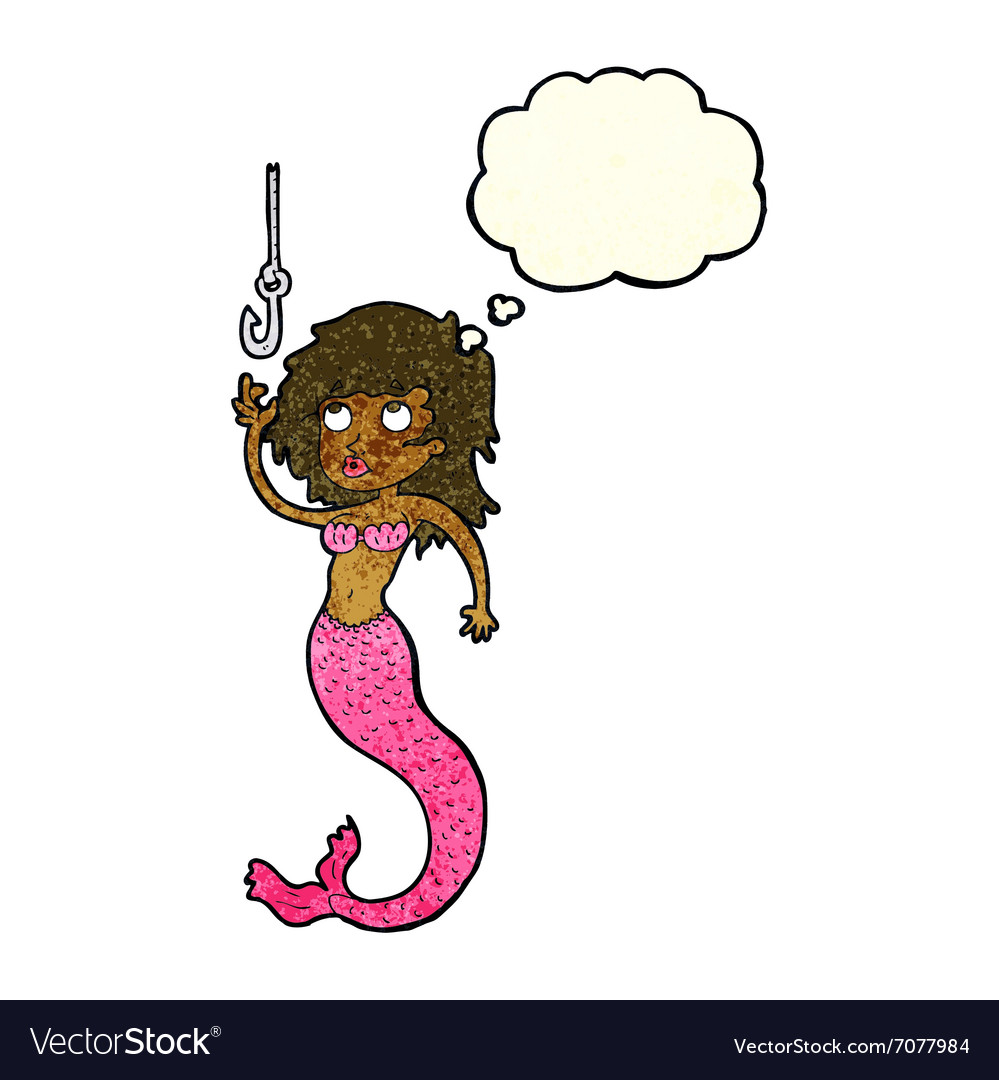 Cartoon mermaid and fish hook with thought bubble