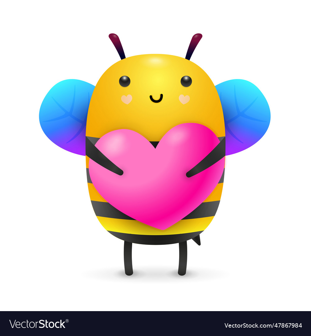 Cute little bee holding pink heart