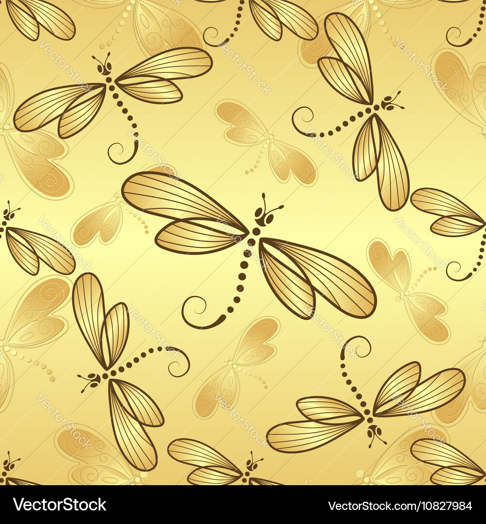 Seamless pattern with gold gradient dragonflies Vector Image