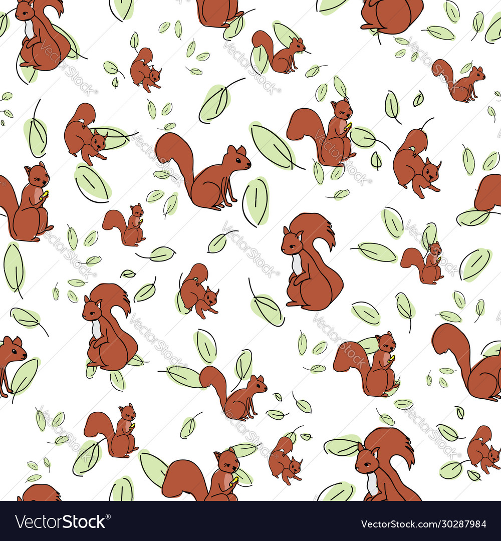 Eichhörnchen in Blättern auf weißem Hintergrund nahtlos Vector Image Eichhörnchen in Blättern auf weißem Hintergrund nahtlos
