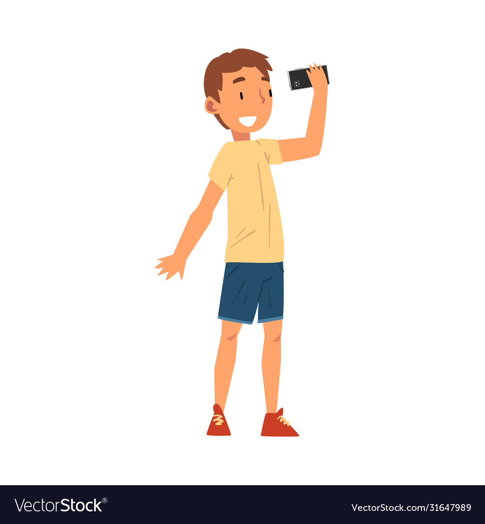 Smiling boy taking selfie photo cute child Vector Image