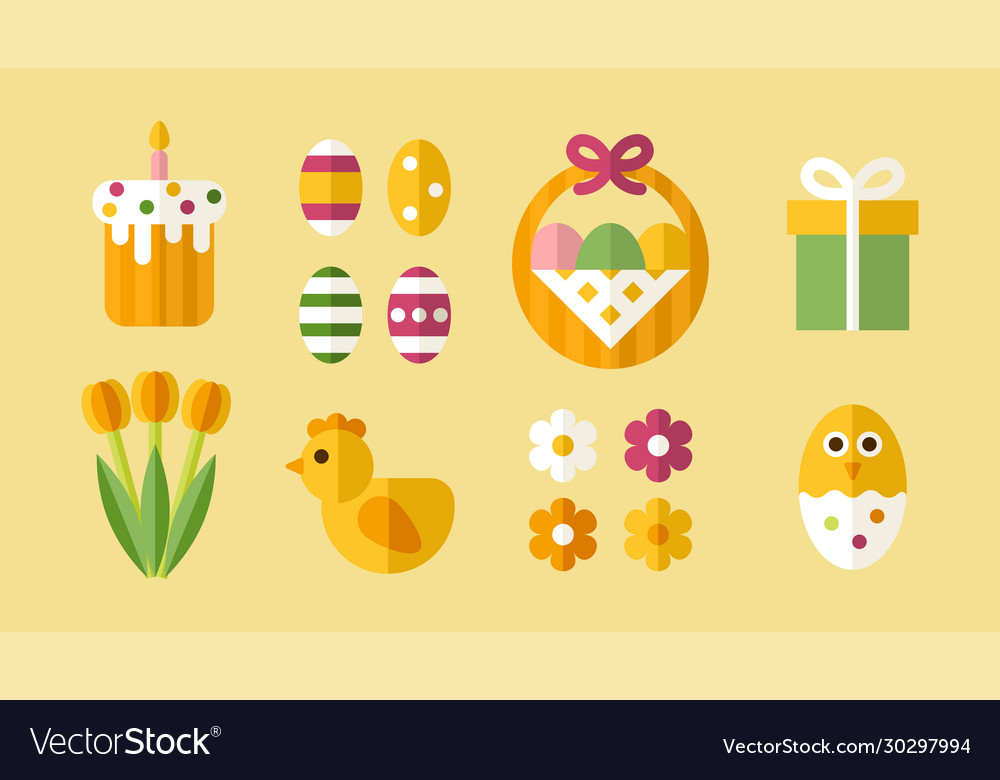 Easter objects and icons set in flat style vector image Easter objects and icons set in flat style